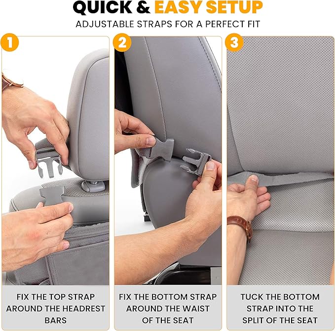 EcoNour 2-Pack Back of Seat Protector for Kids Feet | Grey Oxford Fabric Car Kick Mats with 2 Pocket Organizer | Seat Protector for Vehicles from Dirt, Mud & Scratches | Car Accessories