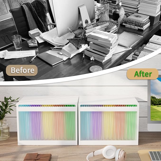 Bamboo Hanging File Boxes with Lids 2 Pack, File Organizer Box for Letter/Legal File, File Box with Hanging Folders Acrylic Light Easy Assembly File Storage Boxes for Home Office, White
