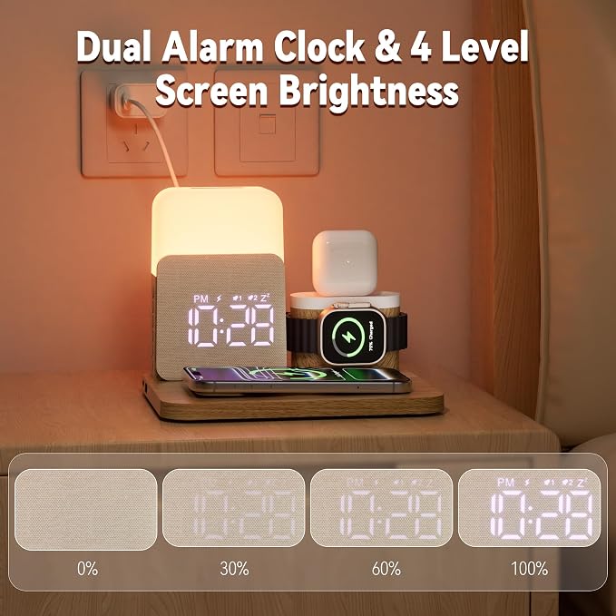 7 in 1 Wireless Charging Station, Magnetic 25W Fast Charger with Alarm Clock & Night Light, Bedside Charging Stand for iPhone 17 16 15 14 13 12 Pro Max, Apple Watch, AirPods, Bedroom