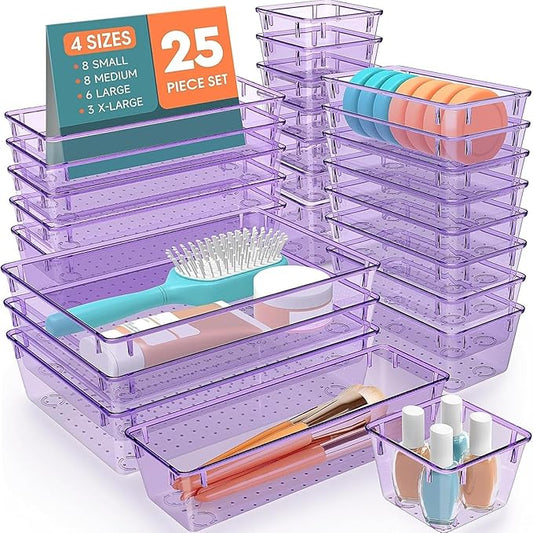 SpaceHacks 25 PCS Plastic Drawer Organizer Set, 4-Size Versatile Organizer Trays & Storage Bins for Makeup, Jewelry, and Gadgets in Bathroom, Bedroom and Office,Clear Purple