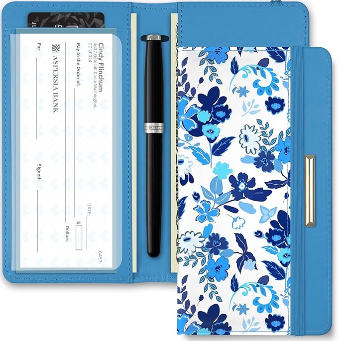 Letter Checkbook Cover, RFID Blocking Checkbook, Stylish, Lightweight, Slim Durable, Multi-Functional Checkbook Holder for Personal and Business Checks (Flower-Blue)
