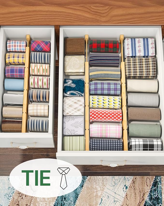 Bamboo Drawer Dividers - Adjustable Drawer Dividers for Clothes, Kitchen, Closet & Office - 8 Pack with Inserts, 18-22.6 Inches, Non-Slip Silicone Ends