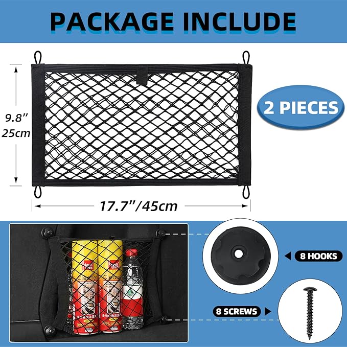 Universal Mesh Cargo Net for Car Trunk Storage,2 Pack Elastic Small Cargo Net Pocket Organizer Pouch Bag,Stretchable Automotive Cargo Nets with 8 Pieces Mounting Screws and Hooks for RV,SUV,Boats,Home