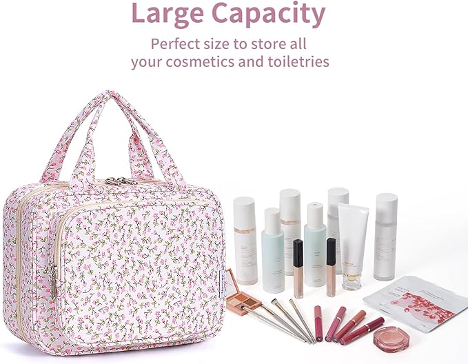 Narwey Hanging Toiletry Bag for Women Travel Makeup Bag Organizer Toiletries Bag for Travel Size Essentials Accessories Cosmetics (Pink Flower (Medium))