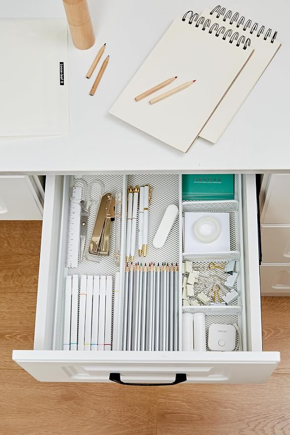 Annova Desk Top Organizer Tray for Office Organization - Metal Mesh - Storage Tray with Dividers for Pens, Desktop Accessories, Bathroom, Kitchen, Makeup and Office Supplies (Large, White)