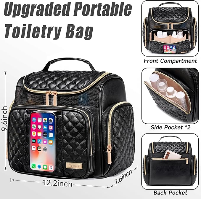 Large Leather Toiletry Bag for Women Men,Bathroom Bag,Water Resistant Shower Bag,Makeup Bag,Portable Shower Caddy for College Dorm,Hanging Travel Toiletry Bag with Transparent Waterproof Phone Pocket