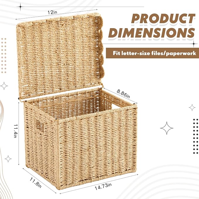 Jingmore Paper Rope File Storage Box with Scalloped Lid Collapsible Letter Size Hanging Filing Organizer Basket for Office/home, Woven Decorative Document Storage School Years Memory Box