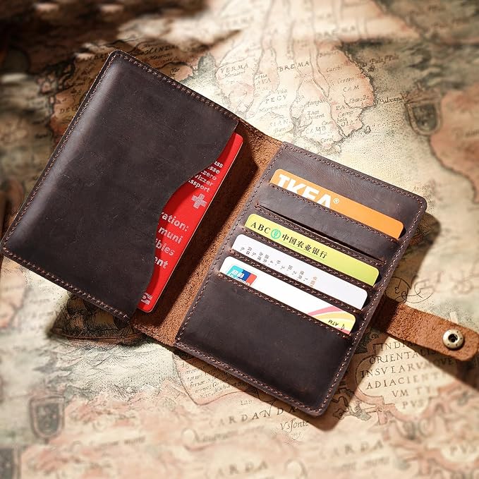 Genuine Full Grain Leather Passport Holder, Slim Bifold with Snap Button Closure, 5 Card Slots, Men's Travel Wallet (TAN)