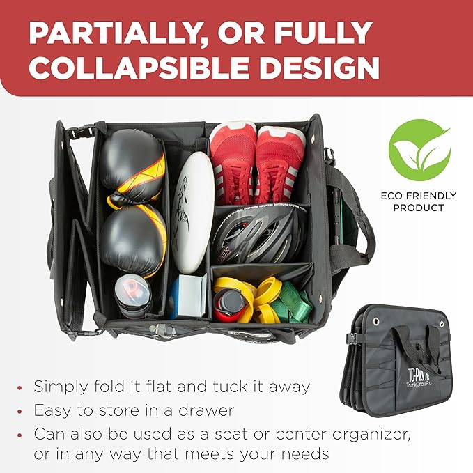TRUNKCRATEPRO XL Heavy-Duty Trunk Organizer – Reinforced SUV & Truck Cargo Storage with 6 Adjustable Compartments, Non-Slip Base & Securing Straps (Foldable Design, Black)