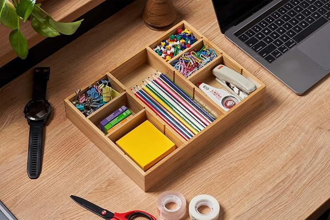 Umilife Bamboo Desk Drawer Organizer, Wood Junk Organizer Tray with Adjustable Dividers, Anti-Skip Storage Organization in Office Bathroom Drawer for Vanity, Makeup, 12" x 9"