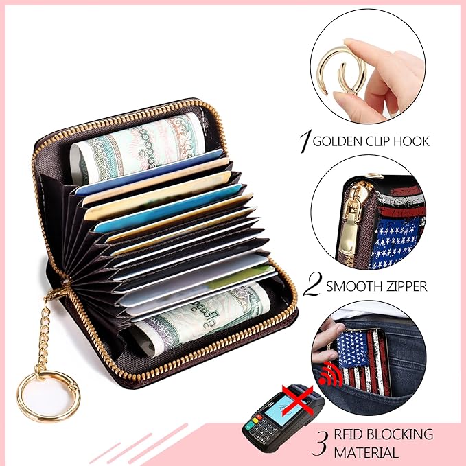Blusabaca Women's RFID-Blocking American Flag Wallet, Leather, 12 Card Slots, 2 Coins, Zipper Closure, Waterproof