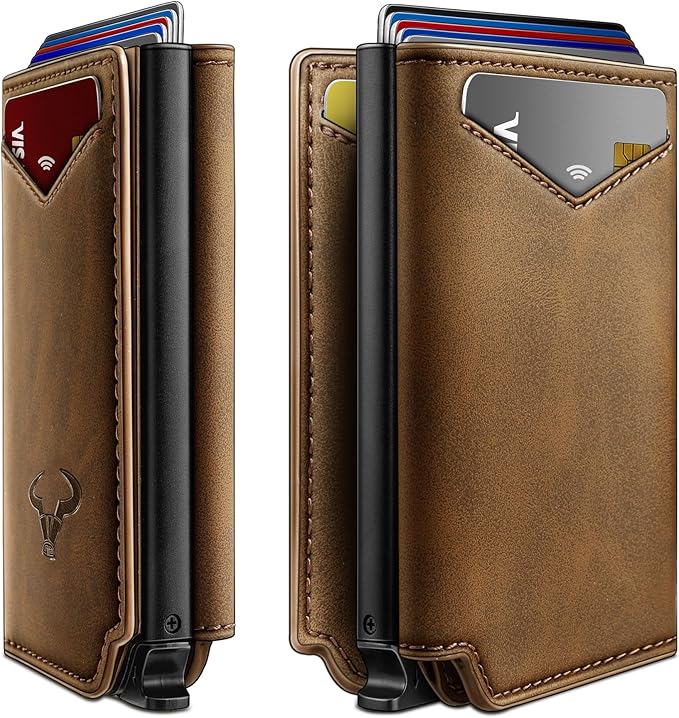 BULLIANT Men Wallet Leather Wallet Card Holders Money Clip for Men 10Cards-Magnetic Flip on Metal Case