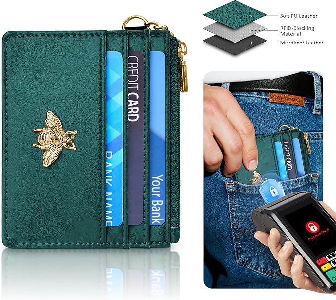 SEAVILIA Card Holder Keychain Wallet for Women with ID Window RFID Coin Purse Bee Gifts Slim Minimalist Small Wallet