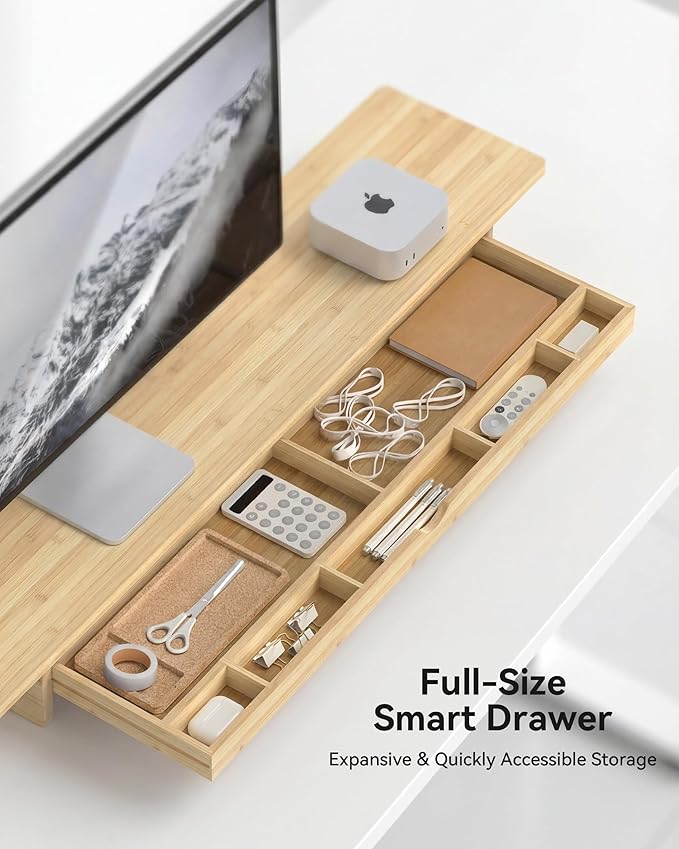 Bamboo Monitor Stand with Large Storage Drawer, 42 Inch Ergonomic Computer Riser for Desk, Screen Shelf with 7 Compartments for Keyboard & Stationery Organization