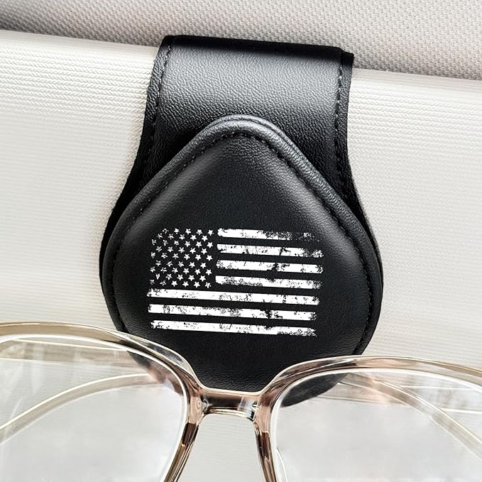 American Flag - Car Sunglass Holder, Magnetic Leather Eyeglass Hanger Mount Clip Holder for Car Visor Accessories