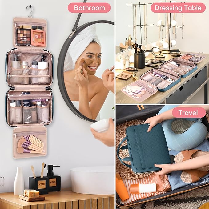 HXLGMD Travel Size Toiletry Bag for Women, Portable Cosmetic Bag with Hanging Hook, Travel Essentials Water-resistant Makeup Organizer for Accessories, Shampoo, Full-size Container, Toiletries