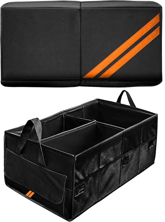 YOSRTER for Dodge Charger Durango Challenger Ram Car Trunk Organizer Collapsible Storage Box with Handle Foldable Lid Non Slip Bottom Sturdy Base Panel 2 Compartment Orange Trim