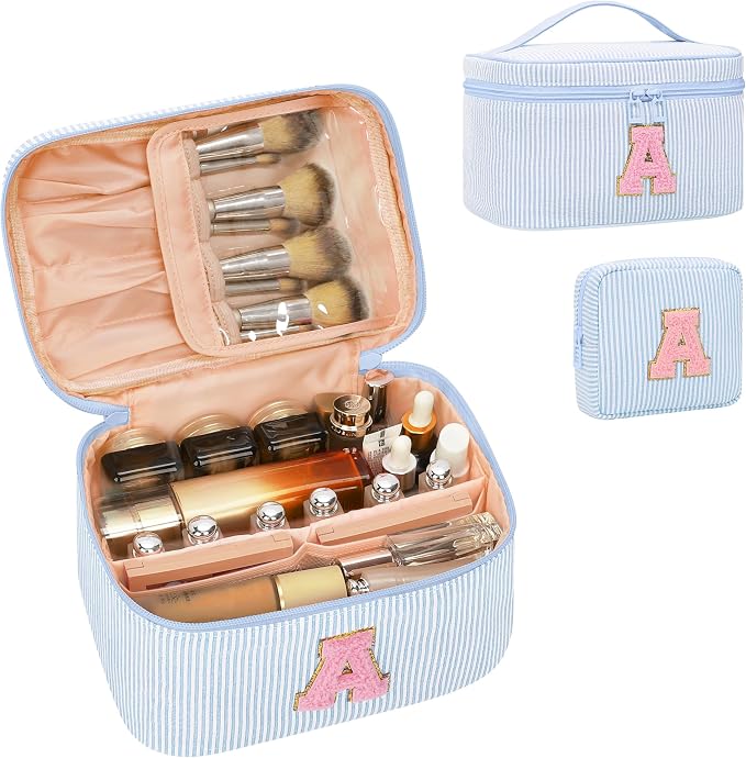 MONSTINA Initial Makeup Bag,Monogram Pouch Easter Basket Gifts for Teens,Personalized Cosmetic Bag for Girls&Women,Cute Letter Make Up Bag,Blue A