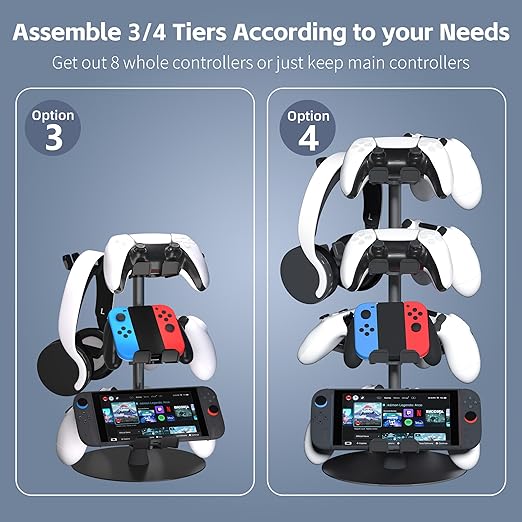 Controller Holder Stand 4 Tiers for Desk, Aluminum Alloy Rotatable Gaming Headset Stand for PS5/PS4/Xbox/Switch2/PS Controller/Headphone Holder for 12 Packs Controller