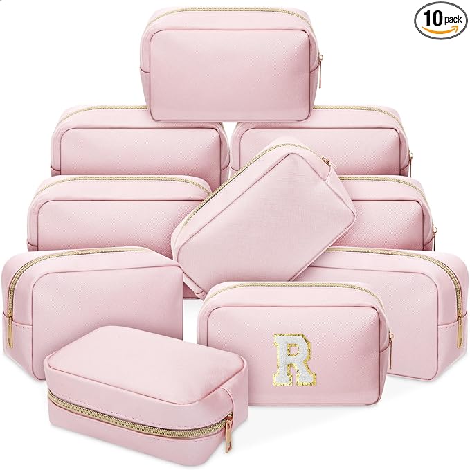 Sweetude 10 Pcs Makeup Bag Bulk for Women Preppy Gift PU Leather Cosmetic Bag Small Skincare Toiletry Pouch Mother Travel Cosmetic Pouch for Bridesmaid Bride Wedding Gift Favors (Rose Gold)