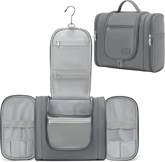 Hanging Travel Toiletry Bag for Men and Women with Metal Swivel Hook, Large Travel Makeup Organizer for Full Sized Cosmetics and Toiletries, Water-Resistant Bathroom Toiletry Bags, Grey