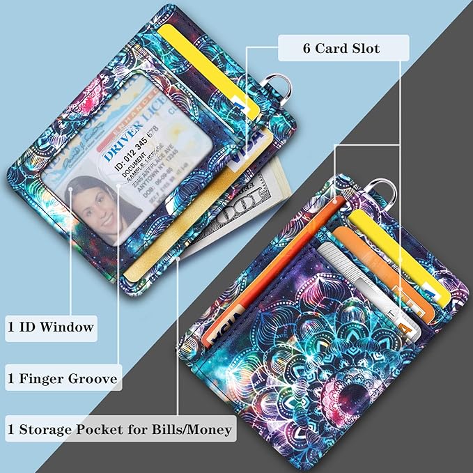 Coco Rossi Slim Front Pocket Wallet RFID ID Card Holder Cute Small Wallet with Wrist Lanyards Key Chain Holder for Women,Lace Nebula