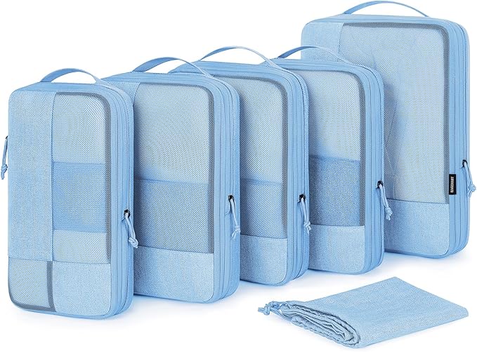 BAGSMART Compression Packing Cubes, Durable Travel Packing Cubes for Carry-On Suitcase, Lightweight Compressible Luggage Organizer Cruise Ship Travel Essentials, 6-Pack 1L+3M+1S+Shoe Bag, Sky Blue