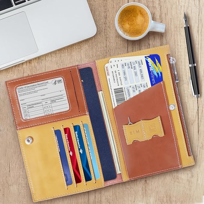 Slim Passport Holder for Man & Women, Compact Leather Passport Wallet with Card Holders SIM Slots and Zippered Pocket, for Secure Traveling and Documentation Organizer (Brown)