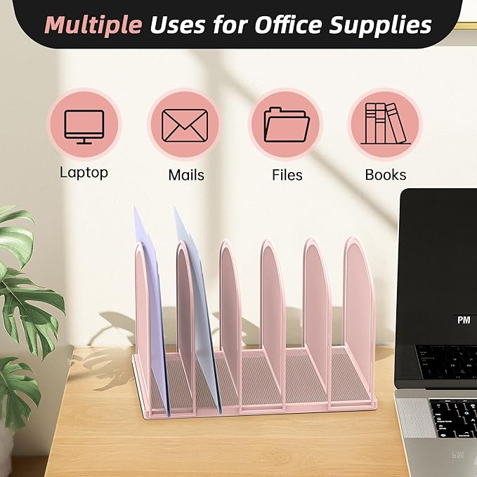 SUPEASY File Organizer for Desk, 5-Section Mesh Desk Organizer, Vertical File Holder Desktop Organizer File Sorter, File Folder Holder for Office Supplies, Pink