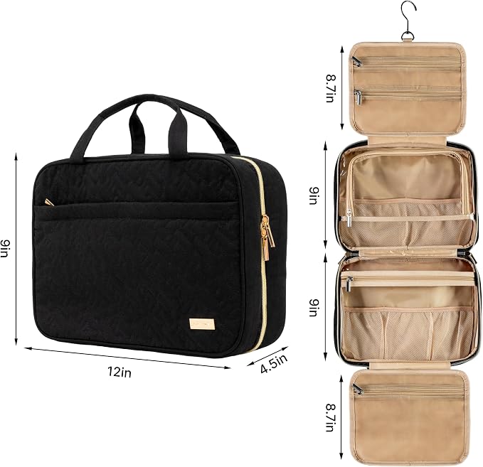 Carrywell (Not Made In China) Toiletry Bag Travel Bag with Hanging Hook, Makeup Organizer Case, Water-Resistant Cosmetic Bag For Full-size Containers, Toiletries, Black Large