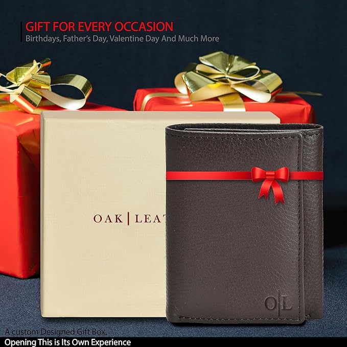 Real Leather Mens Trifold Wallet RFID Blocking Slim Minimalist Front Pocket - Thin & Stylish with ID Window in Gift Box