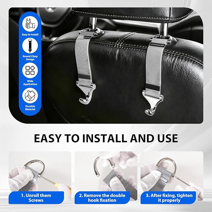 Car Seat Headrest Hooks,Suitable for Car Headrest Purse Hook,Alloy Braided Chain Storage Hook,Seat Headrest Hanging Interior Organizing Car Accessories 2 Pack(Silver)