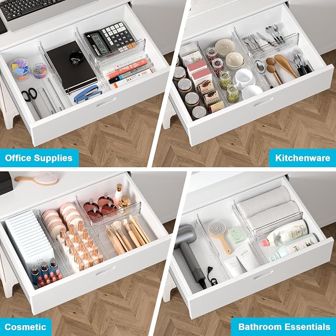 4 Pack 4" High Drawer Dividers for Clothes, 10.2"-16.5" Expandable Dresser Drawer Organizers, Adjustable Plastic Clear Drawer Separators for Kitchen, Baby Clothing, Socks, Underwear, Bedroom