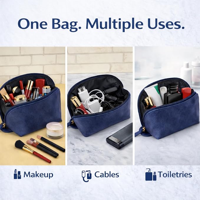 Genuine Leather Toiletry Bag for Men & Women, Navy Blue | Leather Makeup Bag, Travel Dopp Kit Organizer, YKK Zipper, Handmade, 9 x 6 x 4 Inch