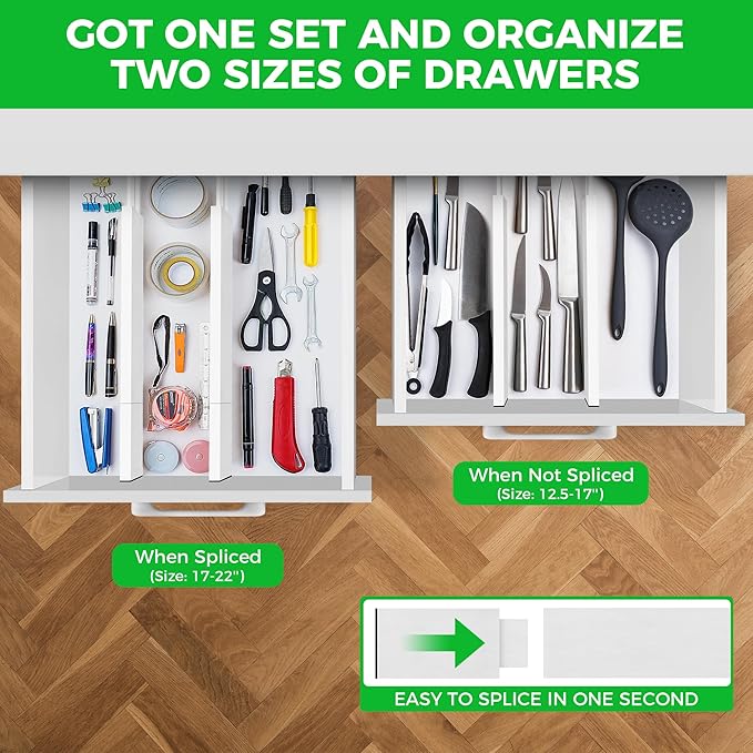 4 Pack Bamboo Drawer Dividers Organizer with Inserts 2.6'' High, Expandable from 12.5-21.7", Adjustable Drawer Organizer Separators for Utensils, Clothing, Office, Dresser, Bedroom, (White)