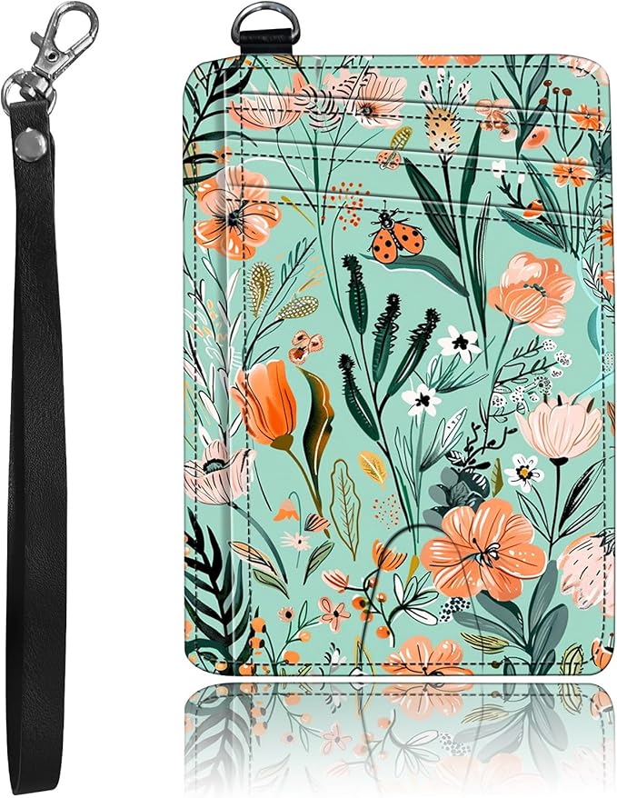 Slim Minimalist Front Pocket Wallet,Credit Card Holder Wallet for Women Men,RFID Blocking Credit Card Holder Case Leather Cute Small Thin Wallet ID Window&Wrist Strap,Floral Plant Green