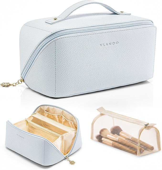 VLANDO Makeup Bag,Travel Toiletry Bag,Cosmetic Bag for Women PU Leather Portable Make up Bag for Skincare, Brushes & Travel Essentials-Baby Blue