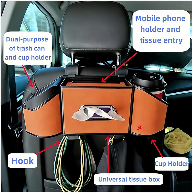 2026 Upgrade 4-in-1 Car Organizer Back Seat, Leather Multifunctional Car Organizer and Storage Box with Cup Holders for Hold Phone, Snacks, Drinks, Handbag, Keep Your Ride Clean & Organized (Grey)