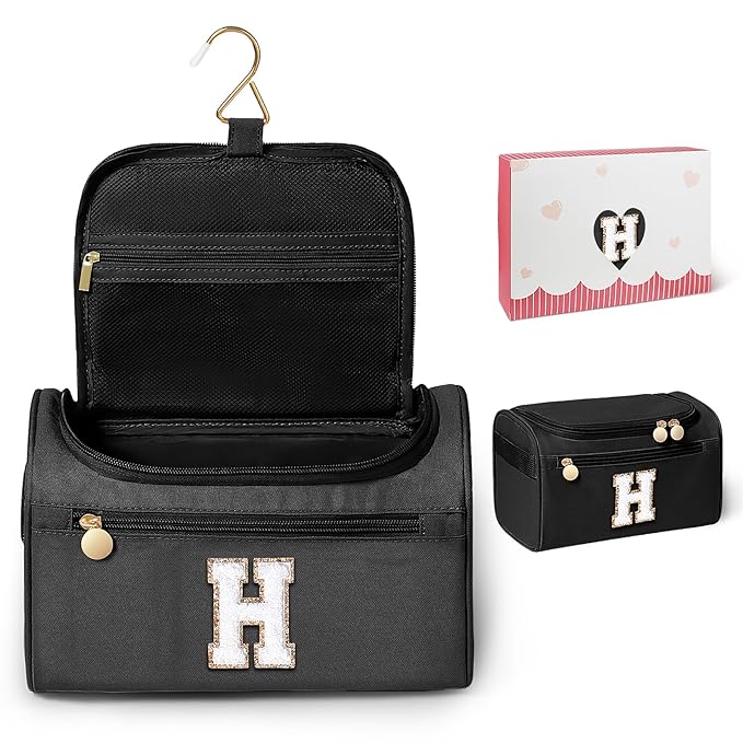 COSHAYSOO Personalized Graduation Gifts for Teenager Girls Girly Dorm Room Essentials for College Girls, Initial Monogram Hanging Toiletry Bag Skin Care Items Organizer Black Letter H