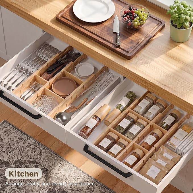 Bamboo Drawer Dividers, Expandable Kitchen Drawer Organizer, Include 6 Dividers, 6 Small Inserts and 6 Medium Inserts for Home, Office, Dressers