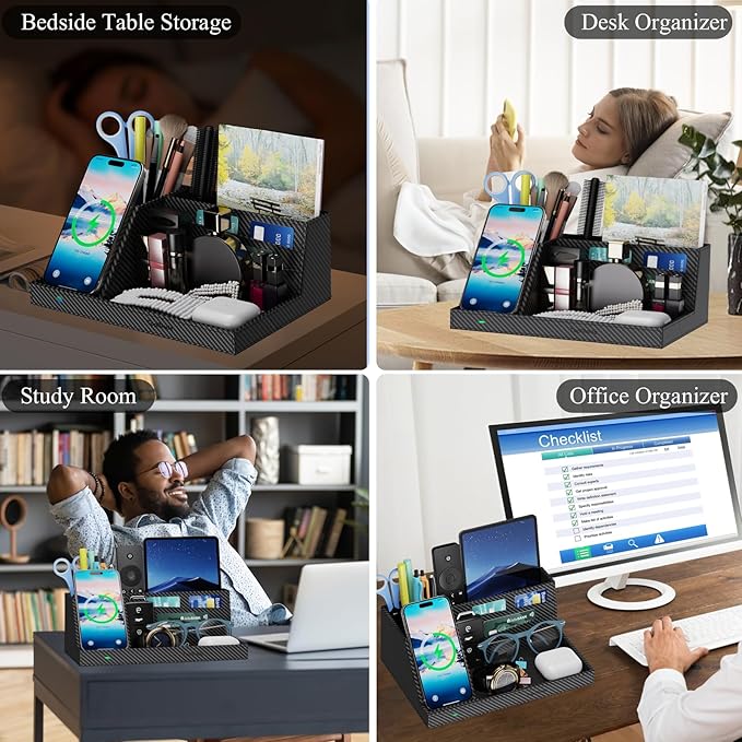 TopMade Wireless Charger Nightstand Organizer, Multi-Functional Leather Home Office Supplies, Fast Charging Station for iPhone, Remote Control Pen Holder, Desktop Storage (Black Carbon Fiber)