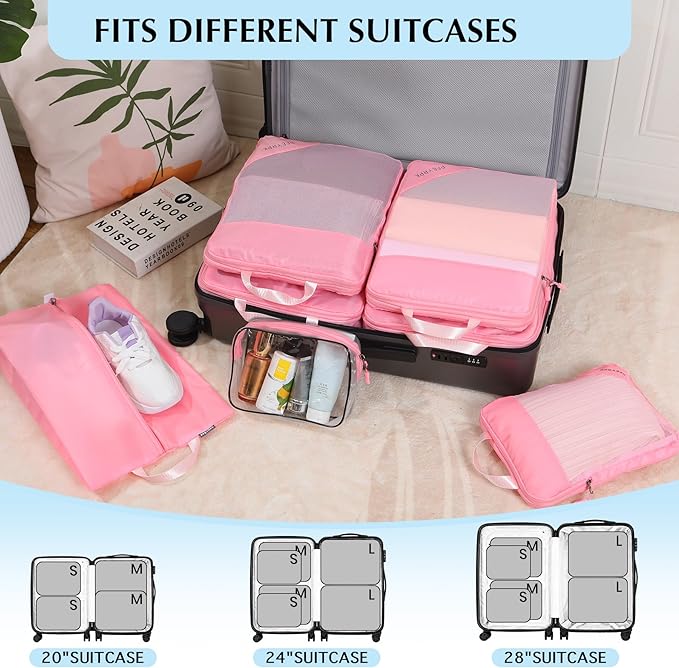 Lightweight Compression Packing Cubes for Suitcases, Compressible Expandable Travel Packing Organizer with Clear Toiletries and Backpack Bag, Travel Essentials for Carry on Luggage 7 Set