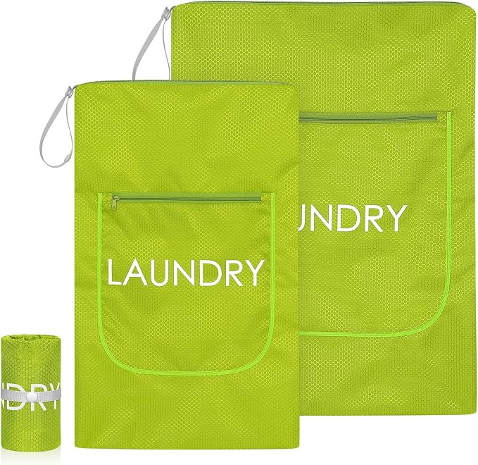 Weesiber 2 Pack Laundry Bags - Foldable Travel Dirty Clothes Organizer with Zipper, Washable Wet Dry Bag for Gym, Swimming, Yoga, and Workout Bathing Suits (Green, Small+ Large)