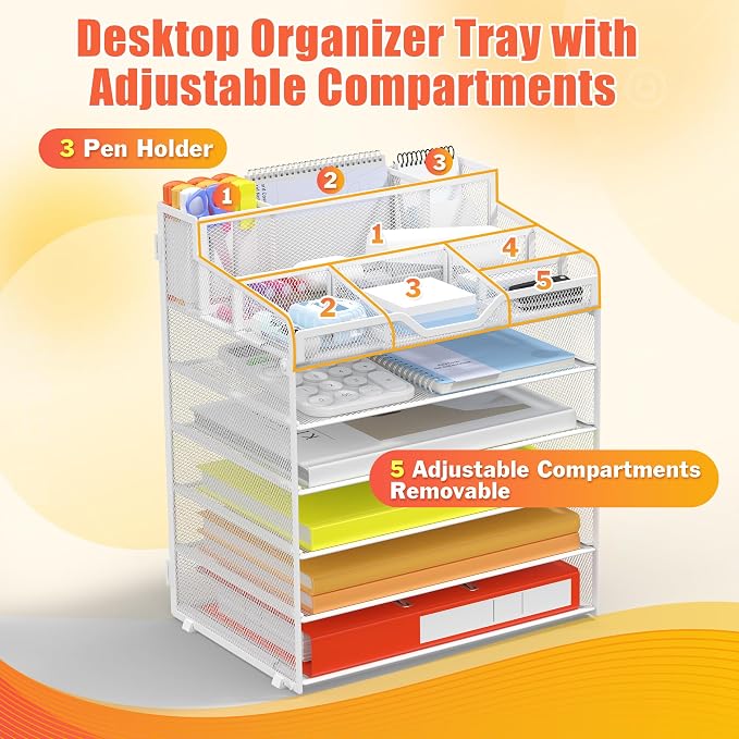 Docnest 6 Tier Mesh Desk Organizer for Paper Office Supplies – Multi-Functional Letter Tray with 5 Adjustable Compartments, 4 Pen Holders, Desktop Storage for Files, Mail, Stationery – White