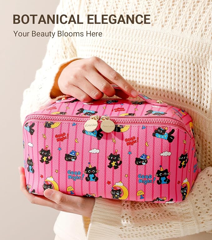 Aveniee Travel Makeup Bag for Women, Large Cosmetic Organizer with Open-Flat Design, Clear Divider & Handle - Waterproof PU Leather Toiletry Case (Moon Cat Pattern)