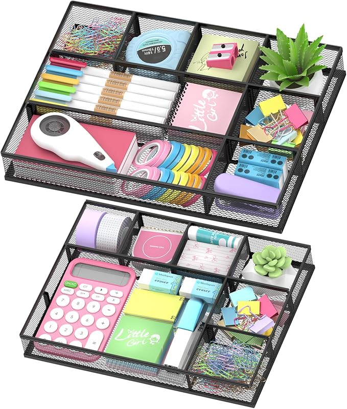 SUPEASY 2 Pack Mesh Drawer Organizer, Metal Desk Drawer Organizer Tray with 8 Adjustable Compartments, Desk Organizers and Accessories for Office Supplies, Kitchen, Makeup & Vanity (Black)