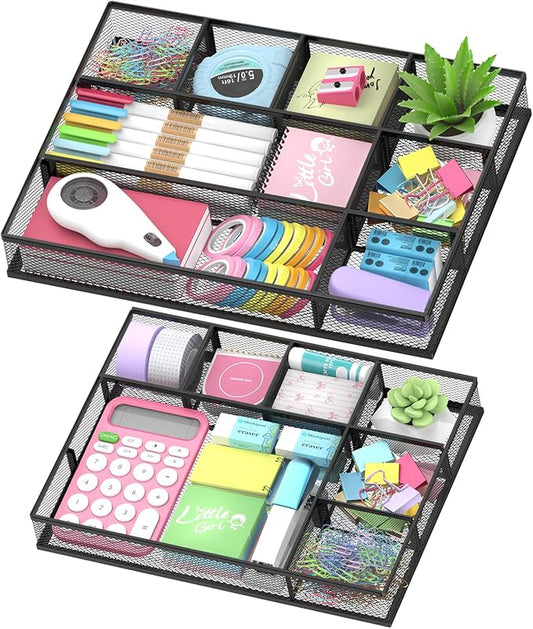 SUPEASY 2 Pack Mesh Drawer Organizer, Metal Desk Drawer Organizer Tray with 8 Adjustable Compartments, Desk Organizers and Accessories for Office Supplies, Kitchen, Makeup & Vanity (Black)