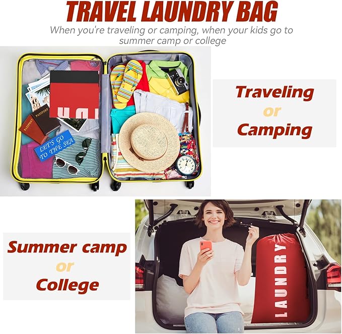 Isink Laundry Bag, 2 Pack Travel Laundry Bags for Dirty Clothes, Large Laundry Bags for Camping & Traveling, Dirty Clothes Travel Bag, 24" x 36" (Black + Red)