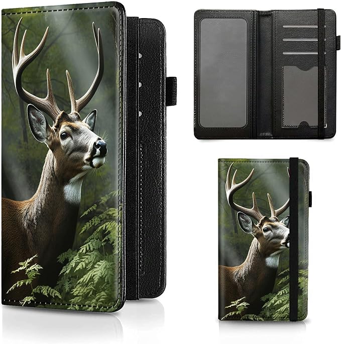 Checkbook Cover for Women & Men, RFID Blocking Personal PU Leather Checkbook Check Book Holder Wallet with Elastic Tape & Credit Card Slot,Deer Tree In Woodland