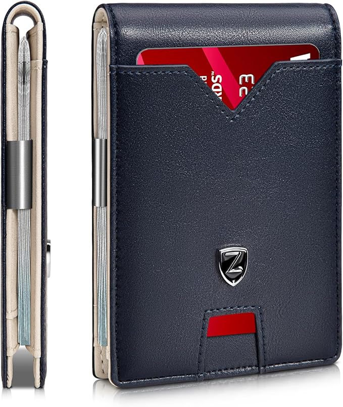 Zitahli Slim Wallet for Men with Money Clip, Minimalist Front Pocket RFID Blocking Leather Wallets Bifold Credit Card Holder, 11 Card Slots and ID Window with Gift Box